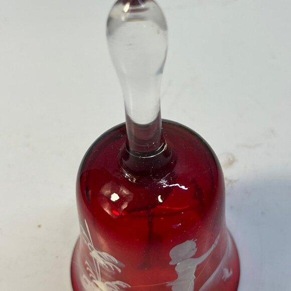 Vintage Red Crystal Glass Hand Bell White Etched Boy Fishing Scene 6 Inches - Picture 2 of 3